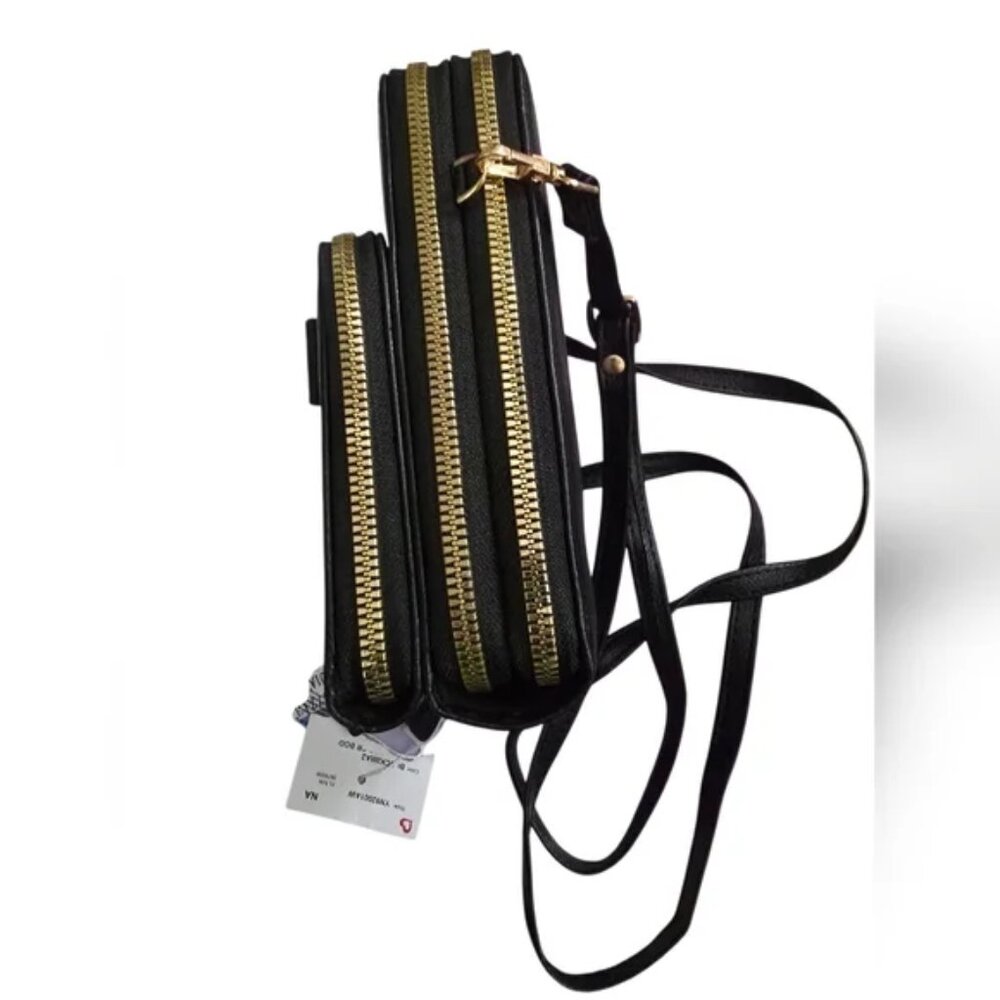 Black Crossbody Bag with 3 Individual Zipper Sections and Bow Accent NWT